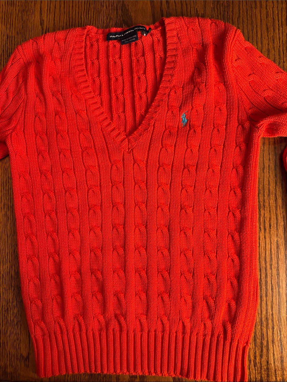 Ralph Lauren Sport orange Cable Knit V-Neck Sweater Size Medium (Fits Like Sml)